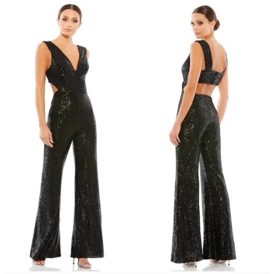 Ieena For Mac Duggal Jumpsuit 26691 Sequin Cut Out Wide Leg Black Size 4